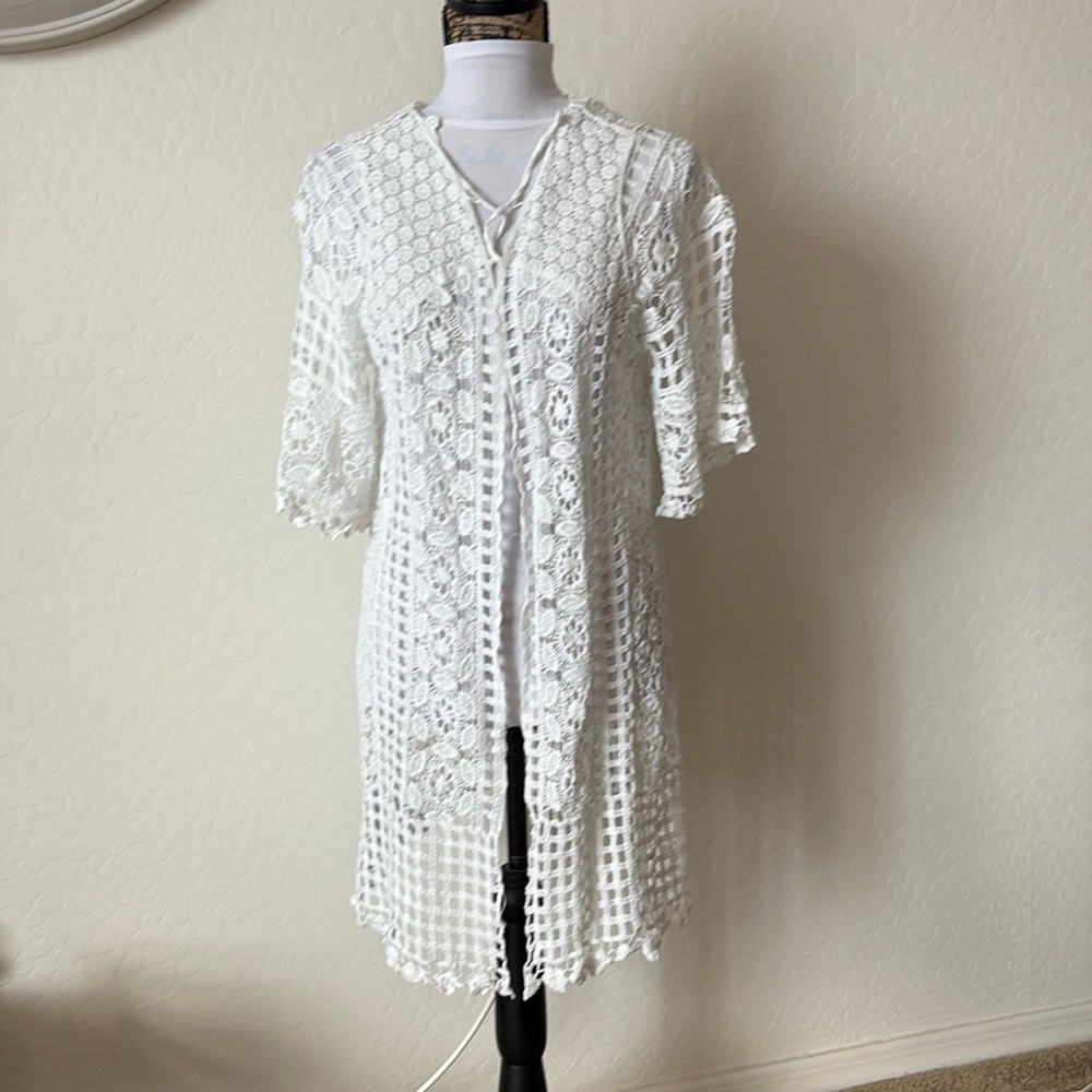 PRETTY SOMYA WHITE LACE CROCHET TASSEL FRINGE KAFTAN ROBE SWIMSUIT COVER UP O/S